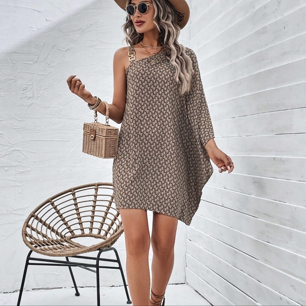 Allover Print Asymmetrical Neck Batwing Sleeve Dress - Picture 3 of 3